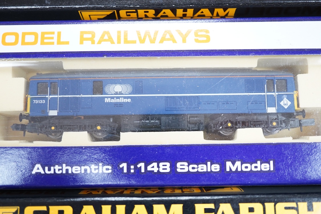 Three boxed Graham Farish and Dapol N gauge railway diesel locomotives; a Mainline class 73, 73133 (ND-021b), a BR class 55, The Fife and Forfar Yeomanry 55006 (371276), and a BR class 47, D1505, (371-231)